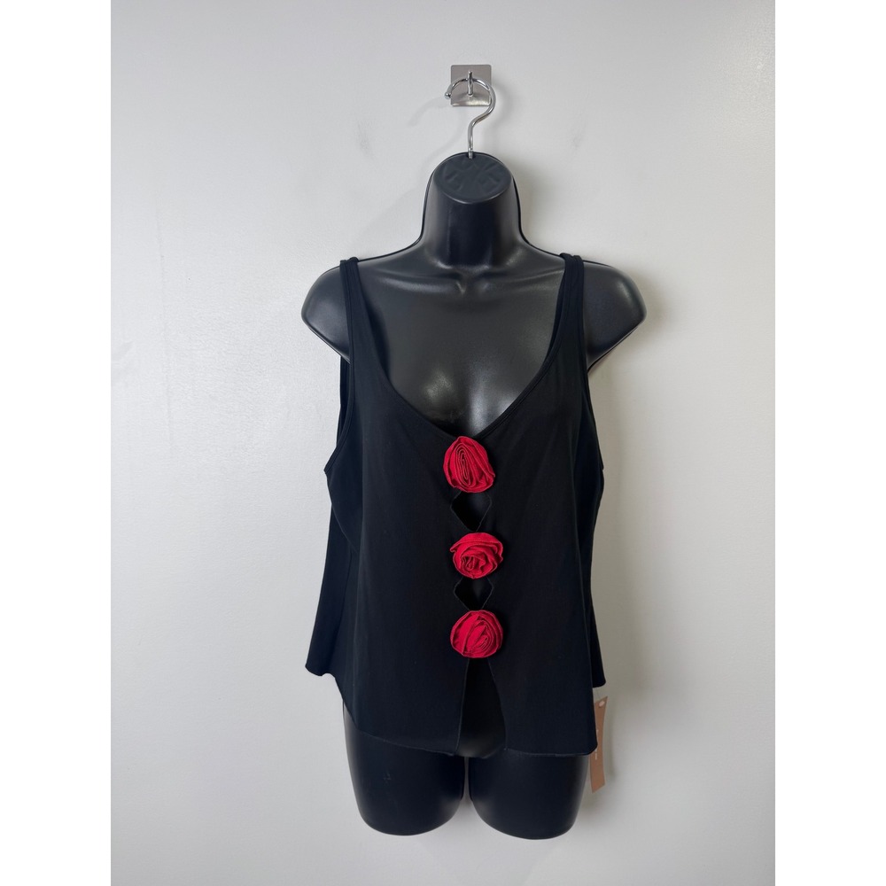 NWT Reformation Women Black Cambrie Knit Top Red Rosette Floral Applique XL